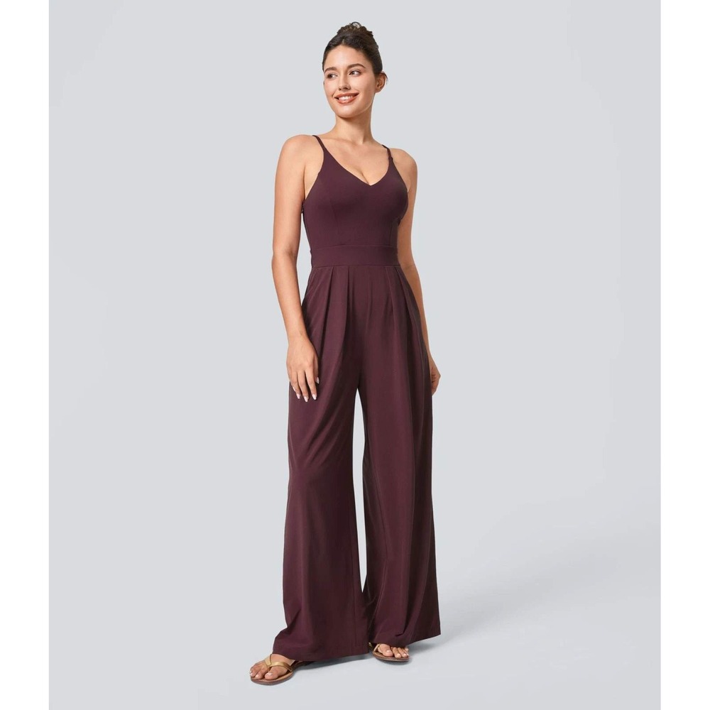 Halara Breezeful Wide Leg Jumpsuit S Plum Pockets Backless Stretch Comfort